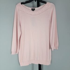 Worthington Blouse Sweater Top Women PXL Knit Lace Collar Light Pink Round Neck